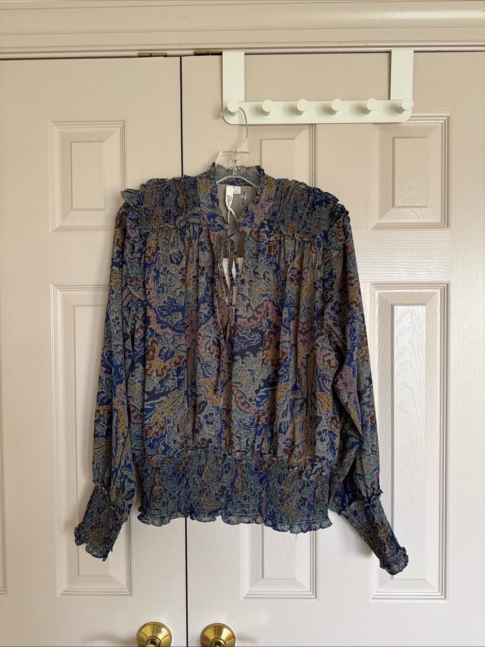 Elan Long Sleeve Top Size LG Ruffle Collared Multicolor Boho Chic-NWT